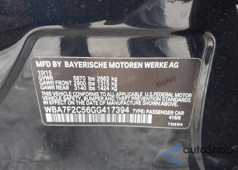 2016 BMW 750I xDrive из США, поврежденный, VIN WBA7F2C56GG417394